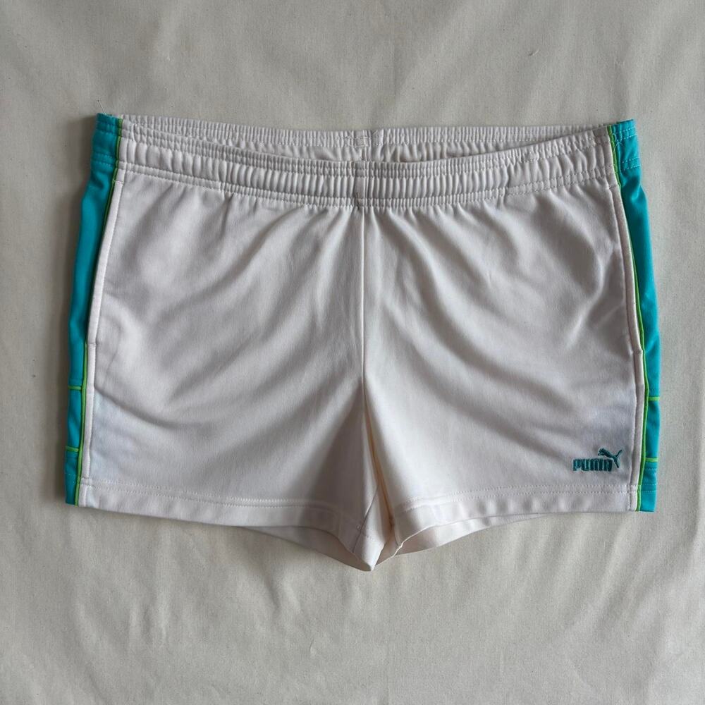 VTG Puma 2000s Y2K White Turquoise Track Short Shorts - Size L